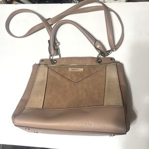 Dune London lizard skin tan leather suede flat bottom handbag